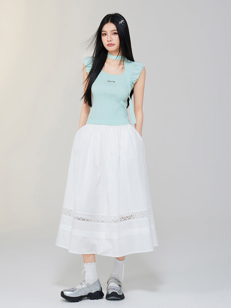 White Lace Splicing A-Line Skirt - CHINASQUAD