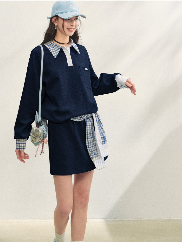 Fake Two-Piece Checkered Shirt Panel Sweatshirt - CHINASQUAD