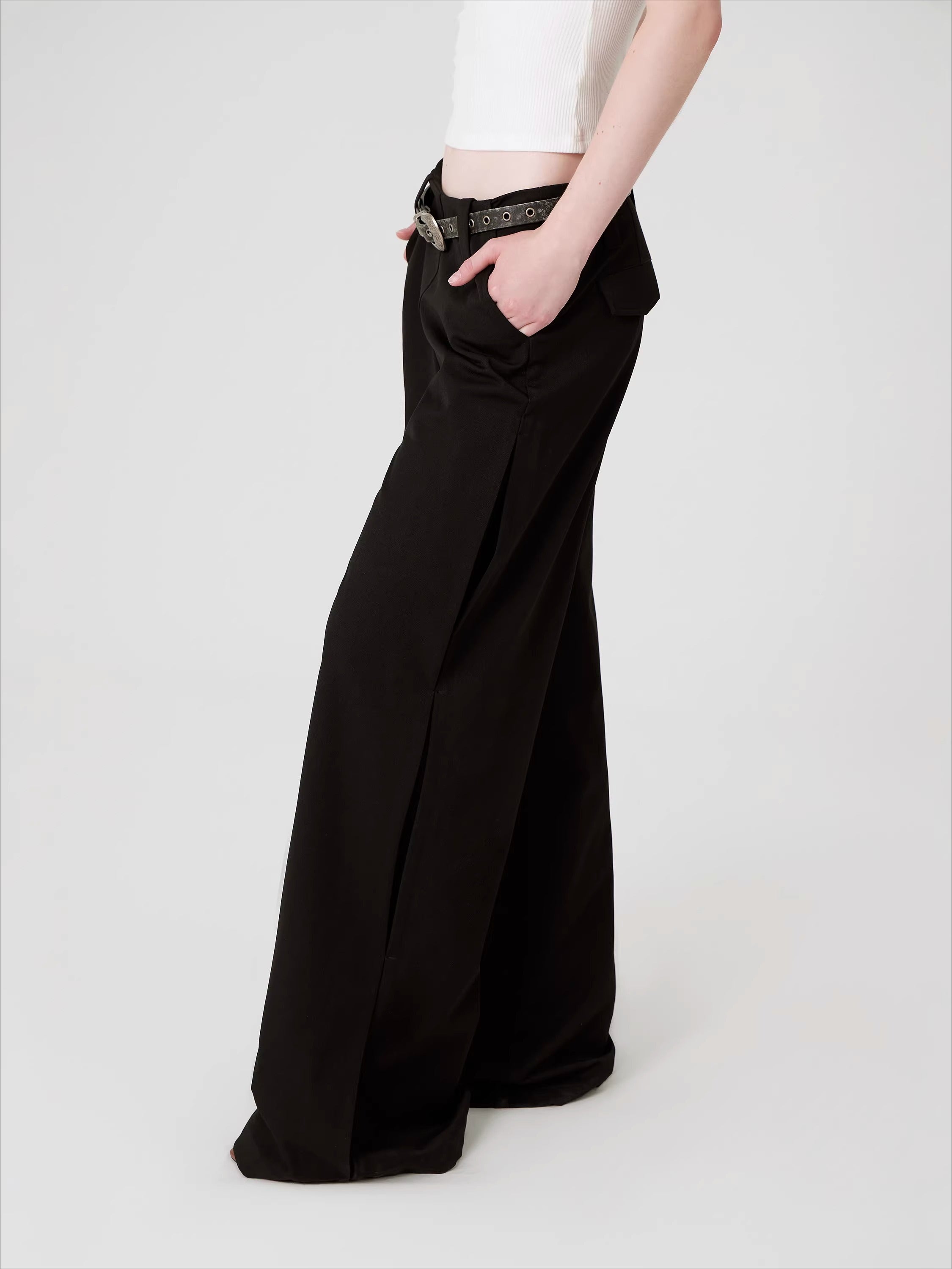 Original Draped Black Wide-Leg Suit Trousers
