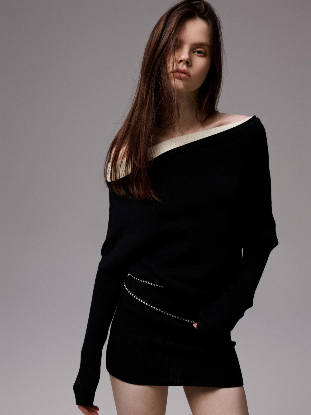 Asymmetric Contrast Knit Dress