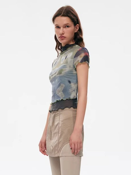 Designer Tie-Dye Sheer Mesh Fitted T-Shirt