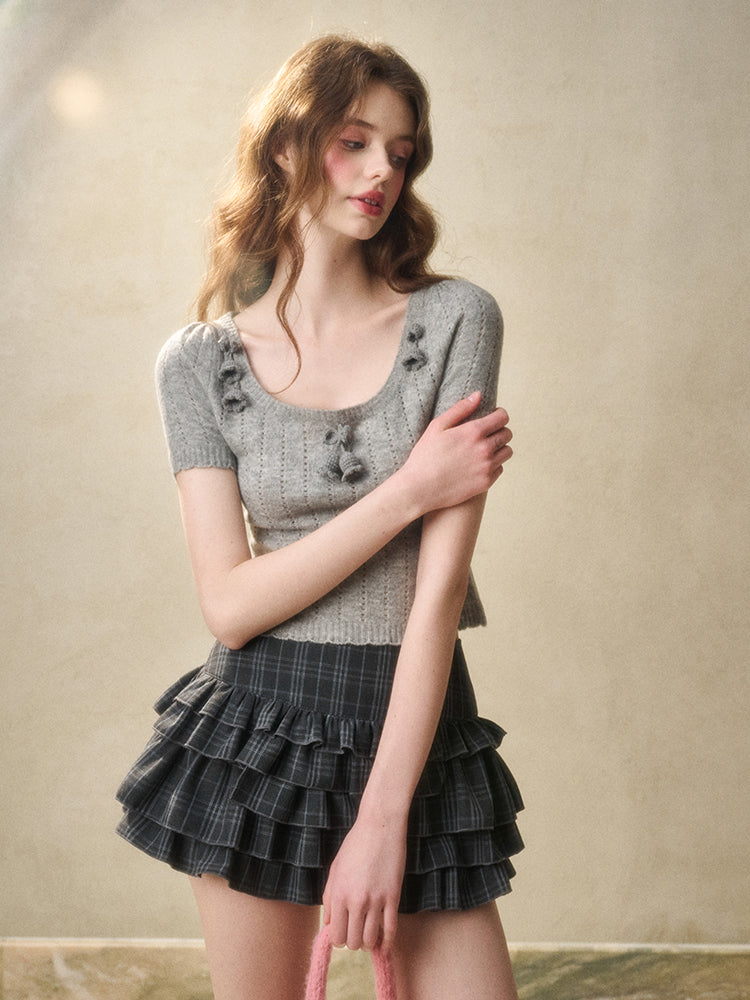 Gray Plaid Doll Collar Lace Waist Shirt & Cami Set - CHINASQUAD