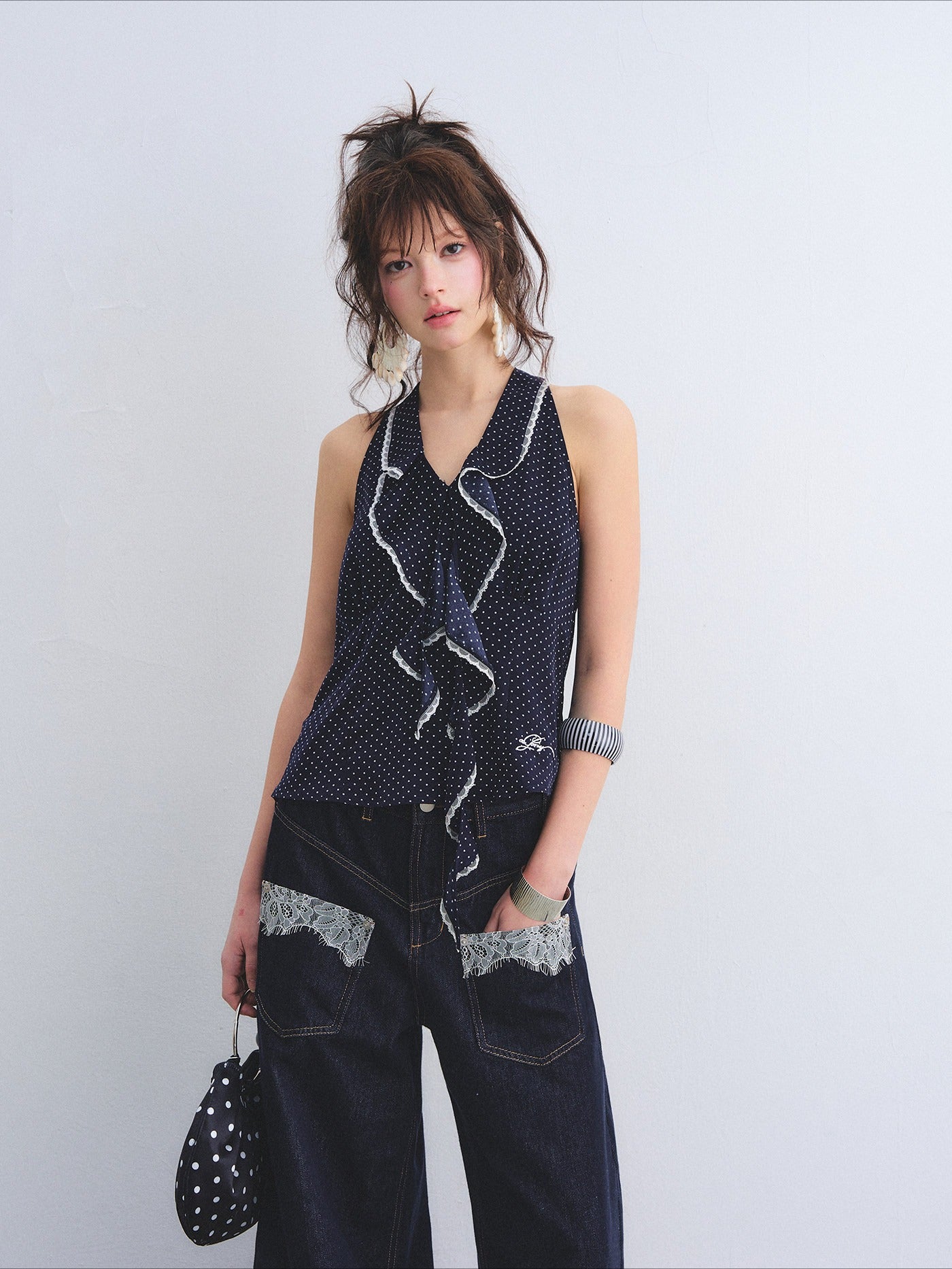 Polka Dot Lace Ruffle V-Neck Camisole