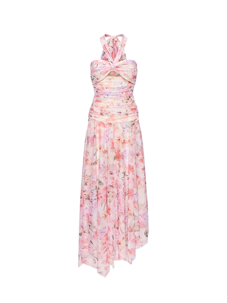 Evelyn Floral Ribbon Neckline Hollow-out Dress - CHINASQUAD