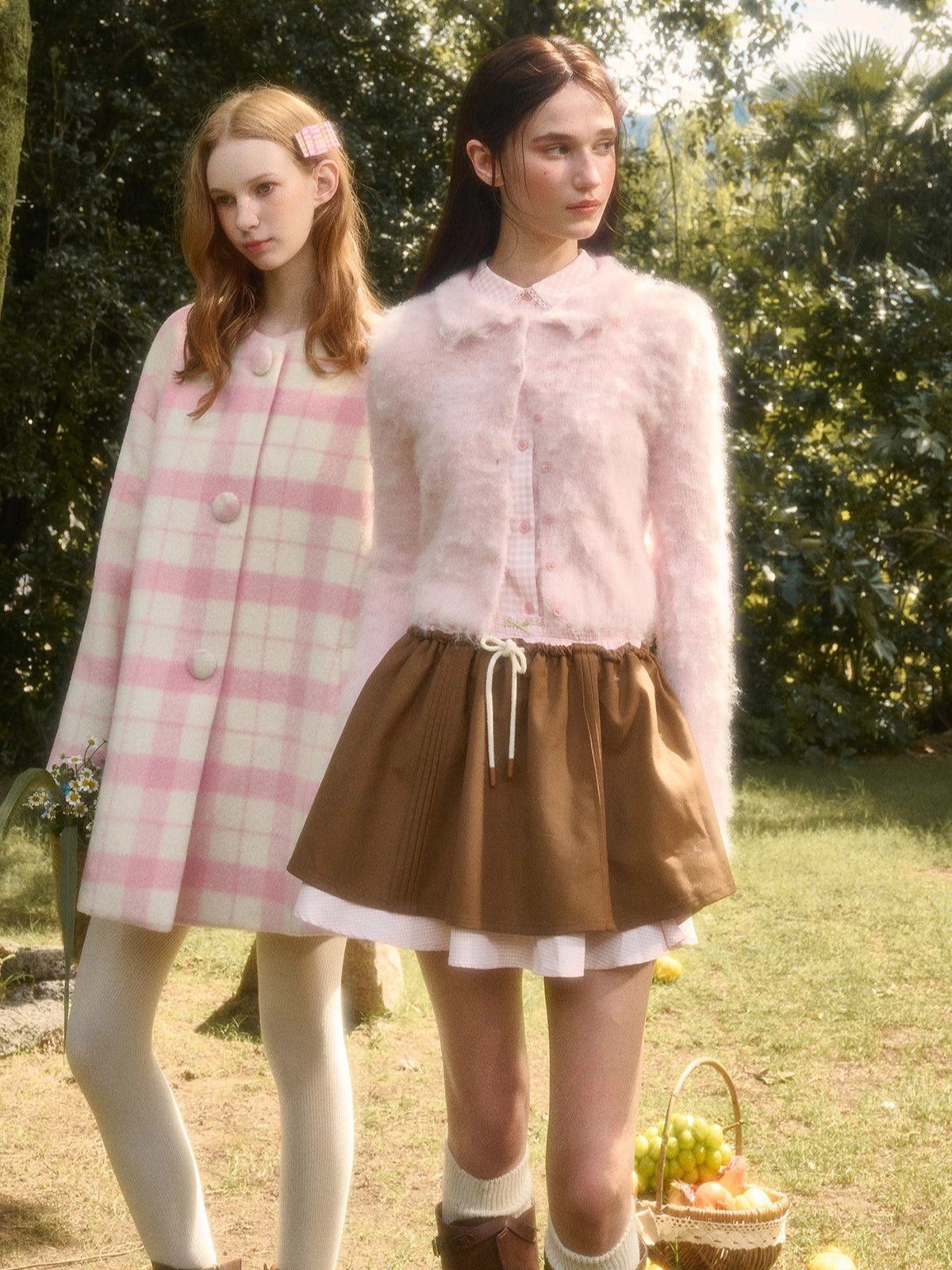 Baby Pink Raspberry Check Wool-Like Cape Coat