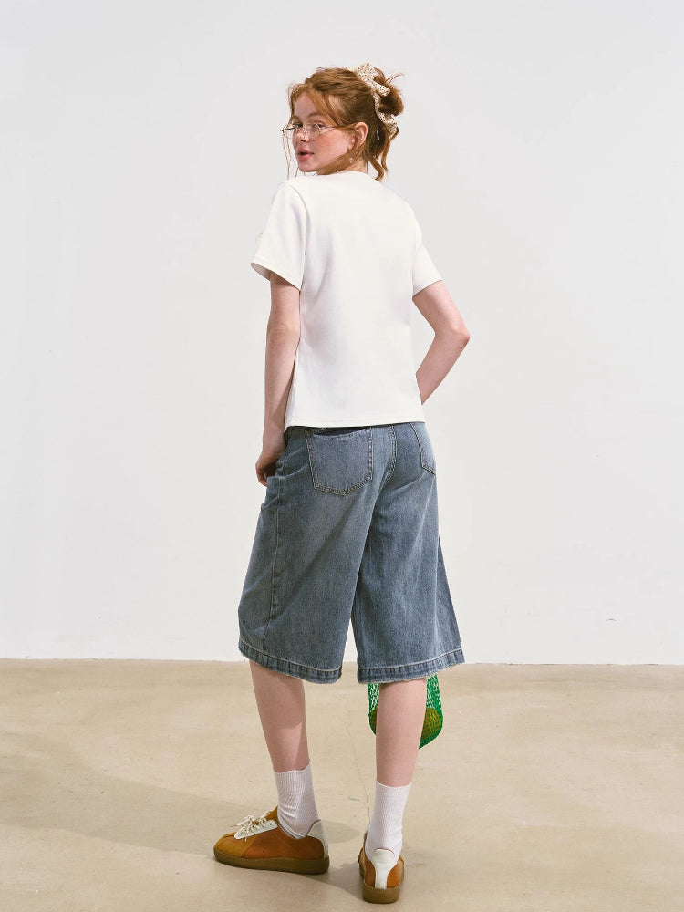 Imitation-Lace Printed High-Waist Denim Mid-Length Pants - CHINASQUAD