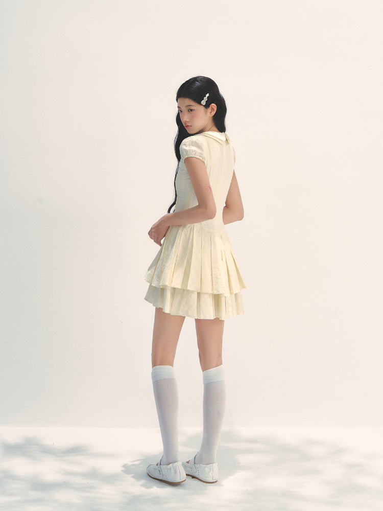 Doll Collar Waist-Cinched Pleated Shirt Dress - CHINASQUAD