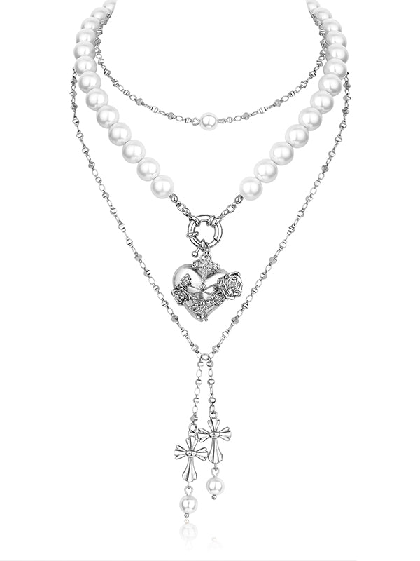 Layered Punk Heart Pearl Cross Long Necklace - CHINASQUAD