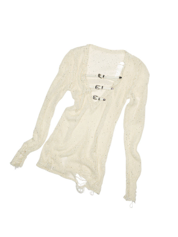 Reversible Hollow Sequin Knit Pullover - CHINASQUAD
