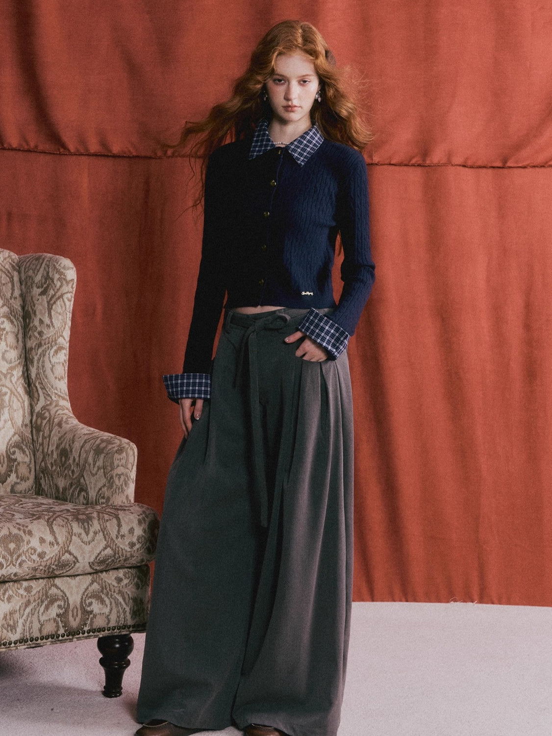 Wool Blend Plaid Patchwork Cable Knit Cardigan