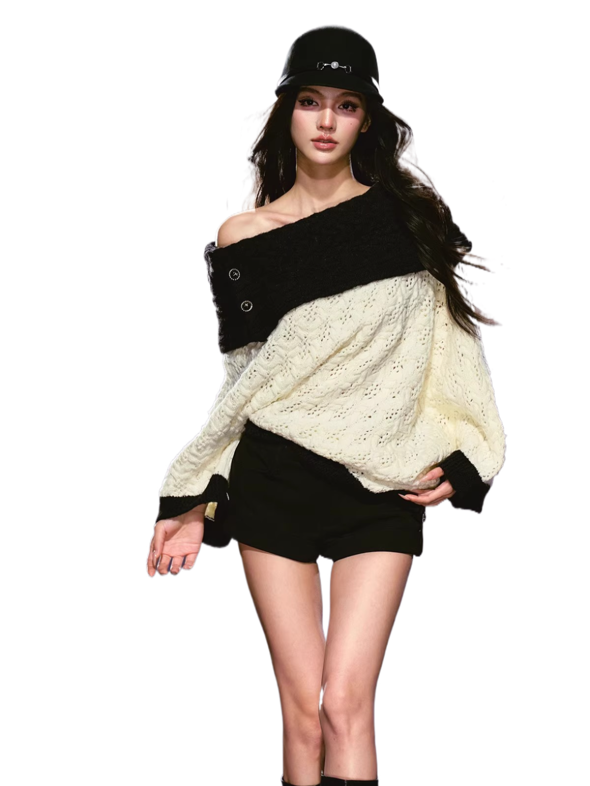 Batwing Sleeve Off-Shoulder Tweed Knit Crewneck