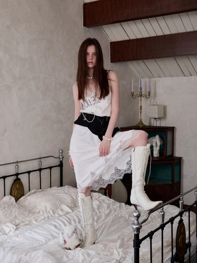 Letter-printed Spliced Lace Camisole Dress