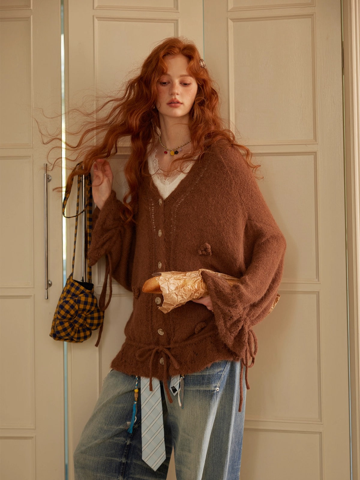 Wool-Blend Drawstring Floral V-Neck Knitted Cardigan - CHINASQUAD