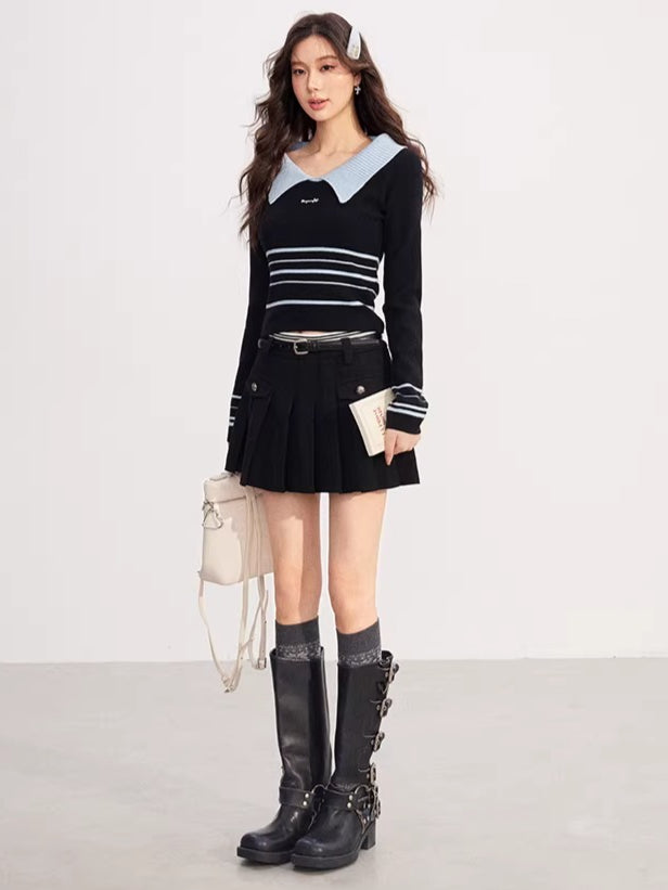 Contrast Collar Striped Knit Polo Top