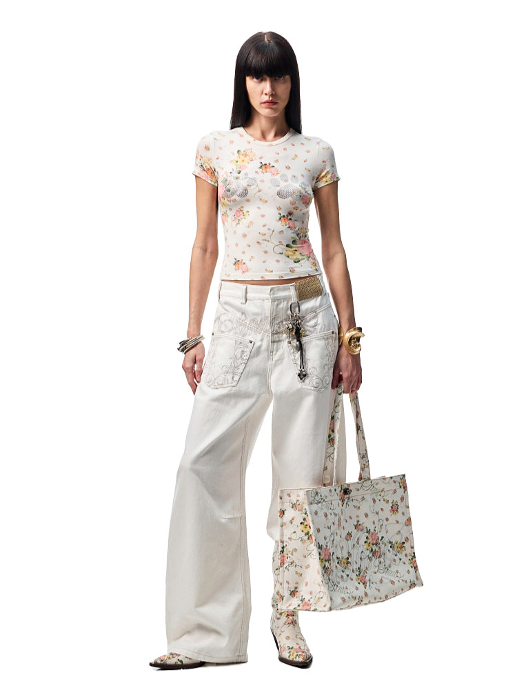 Floral Print Rhinestones Regular-shoulder T-shirt - CHINASQUAD