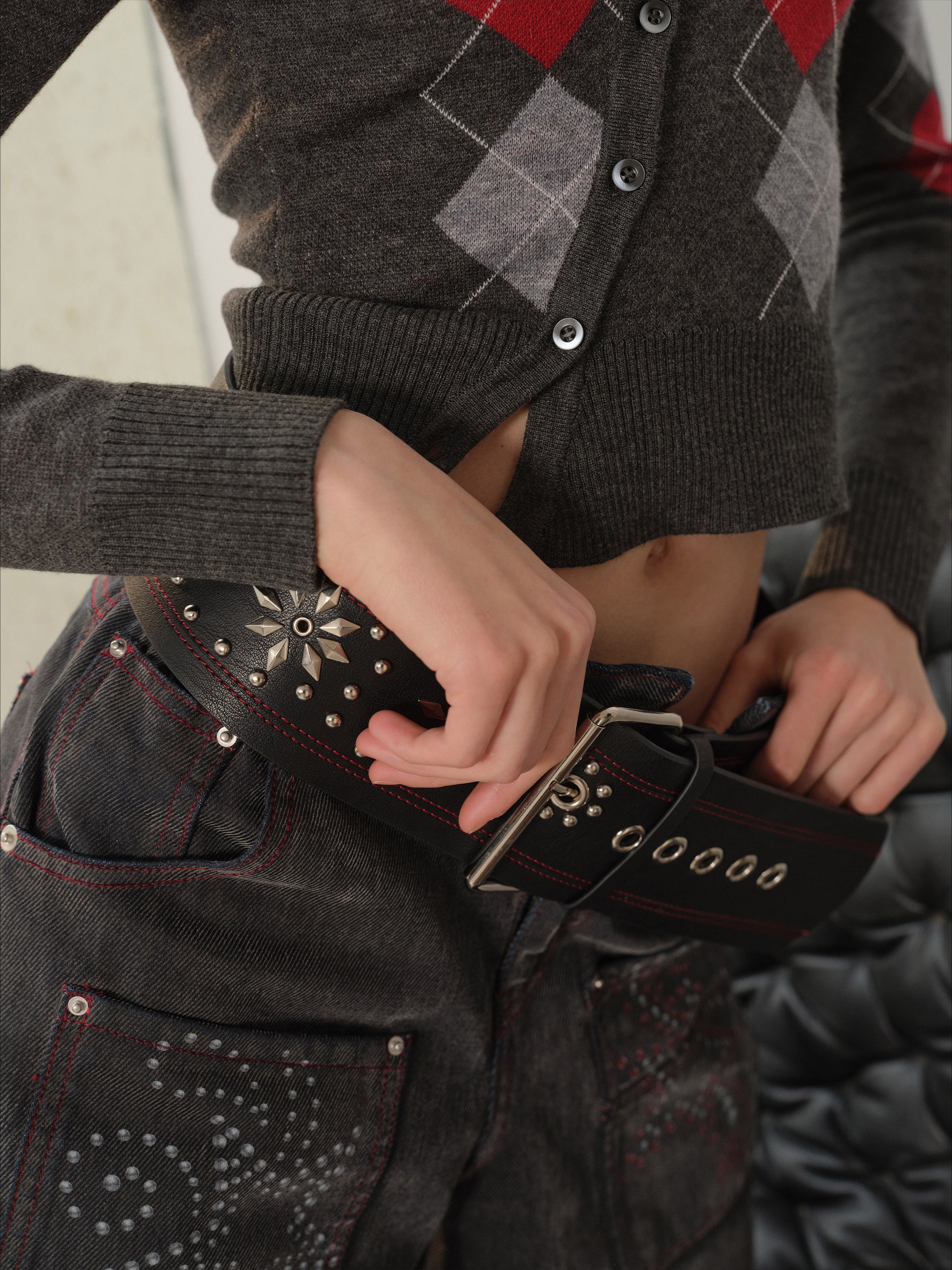 Punk Vintage Contrast Studded Rhinestone Wide Belt - CHINASQUAD