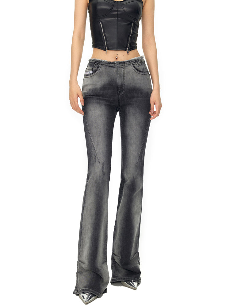 Heavy Washed High-Stretch Flared Jeans - CHINASQUAD