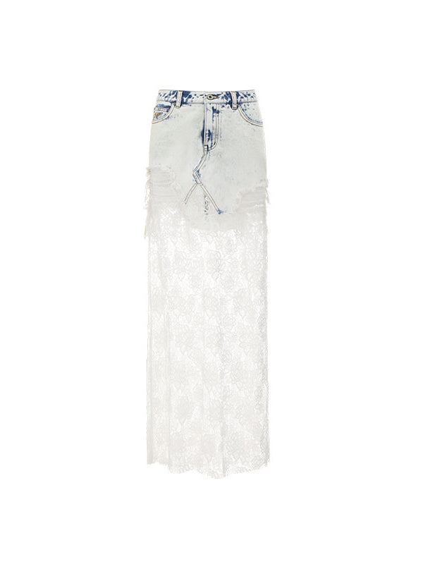 Black & Blue Lace Panel Denim Maxi Skirt - CHINASQUAD