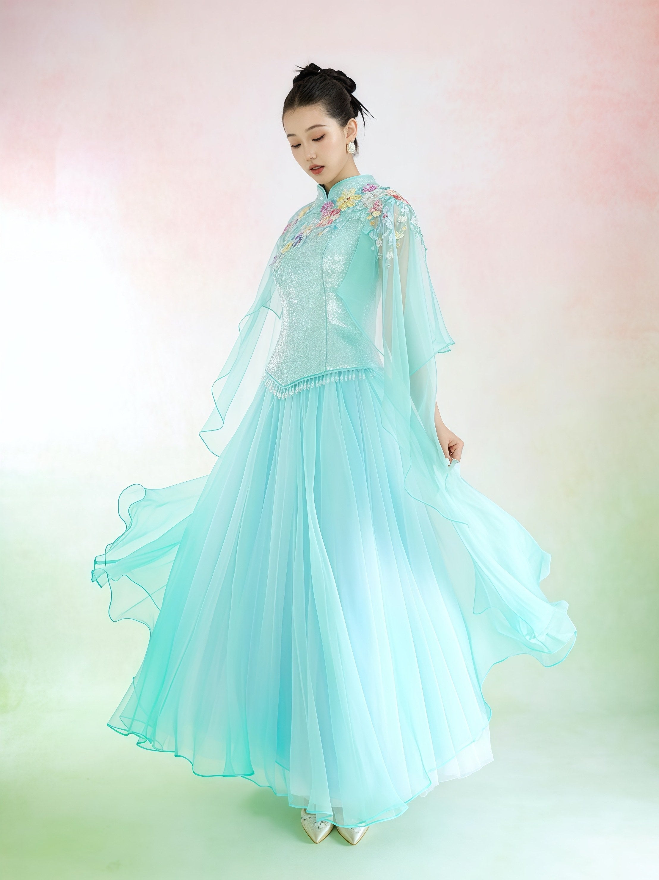 Mint Green Embroidered Cape Sleeve Evening Gown