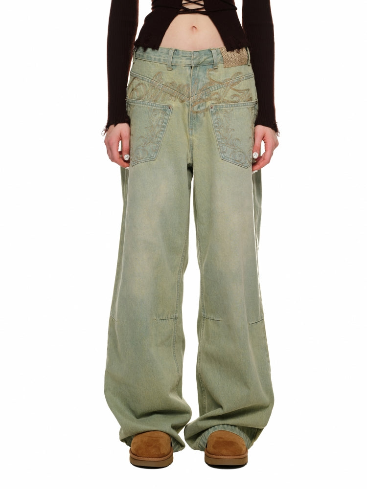 Distressed Washed Green Wide-Leg Jeans - CHINASQUAD