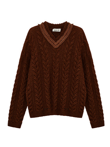 Gray & Brown V-Neck Cable Knit Pullover - CHINASQUAD