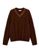 Gray & Brown V-Neck Cable Knit Pullover - CHINASQUAD