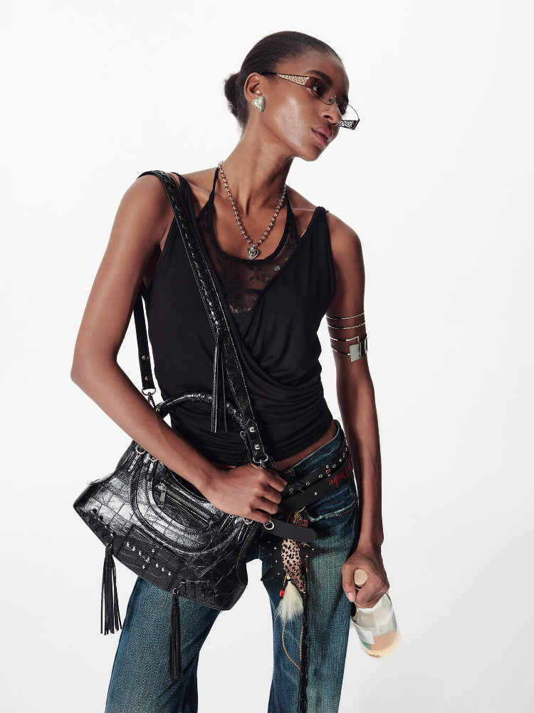 Tassel Metal Rivet Shoulder Underarm Bag - CHINASQUAD