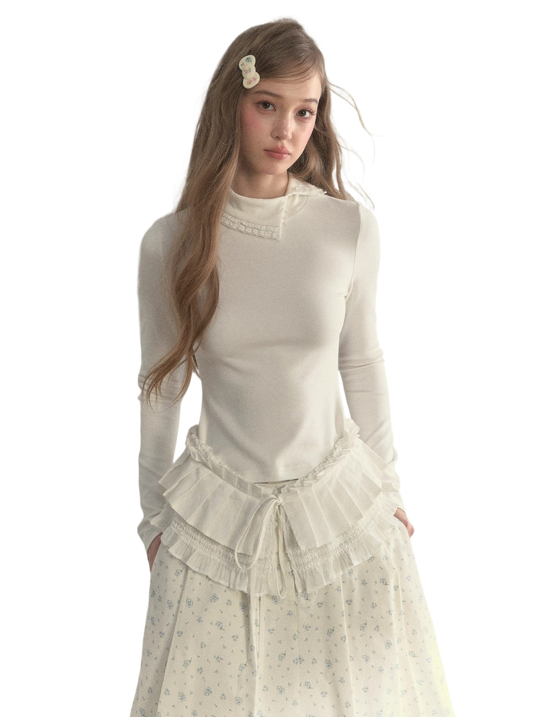 Layered Pleated Mock-Neck Knit T-Shirt