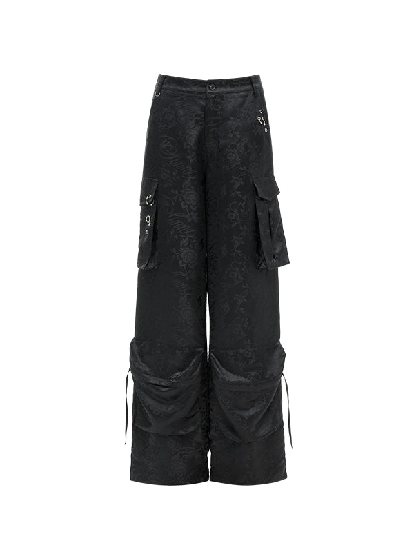Black & Pink Jacquard Cargo Pants - CHINASQUAD