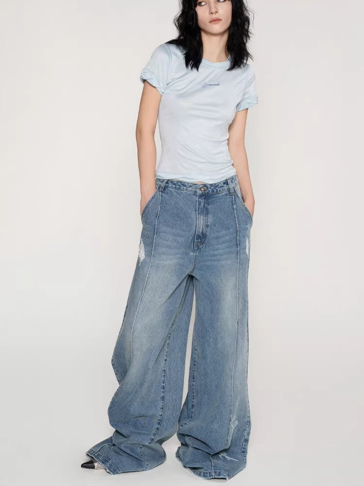 Laser Logo Seam Wide-Leg Denim Pants