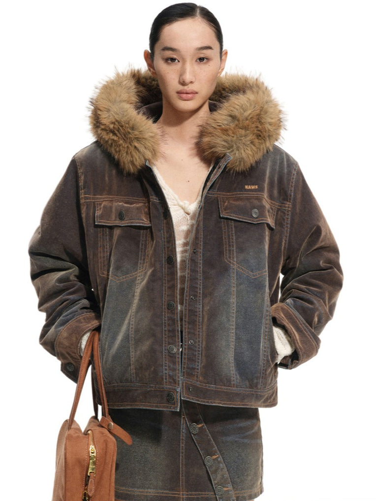 Ross Oversized Washed Eco Fox Fur Collar Denim Jacket