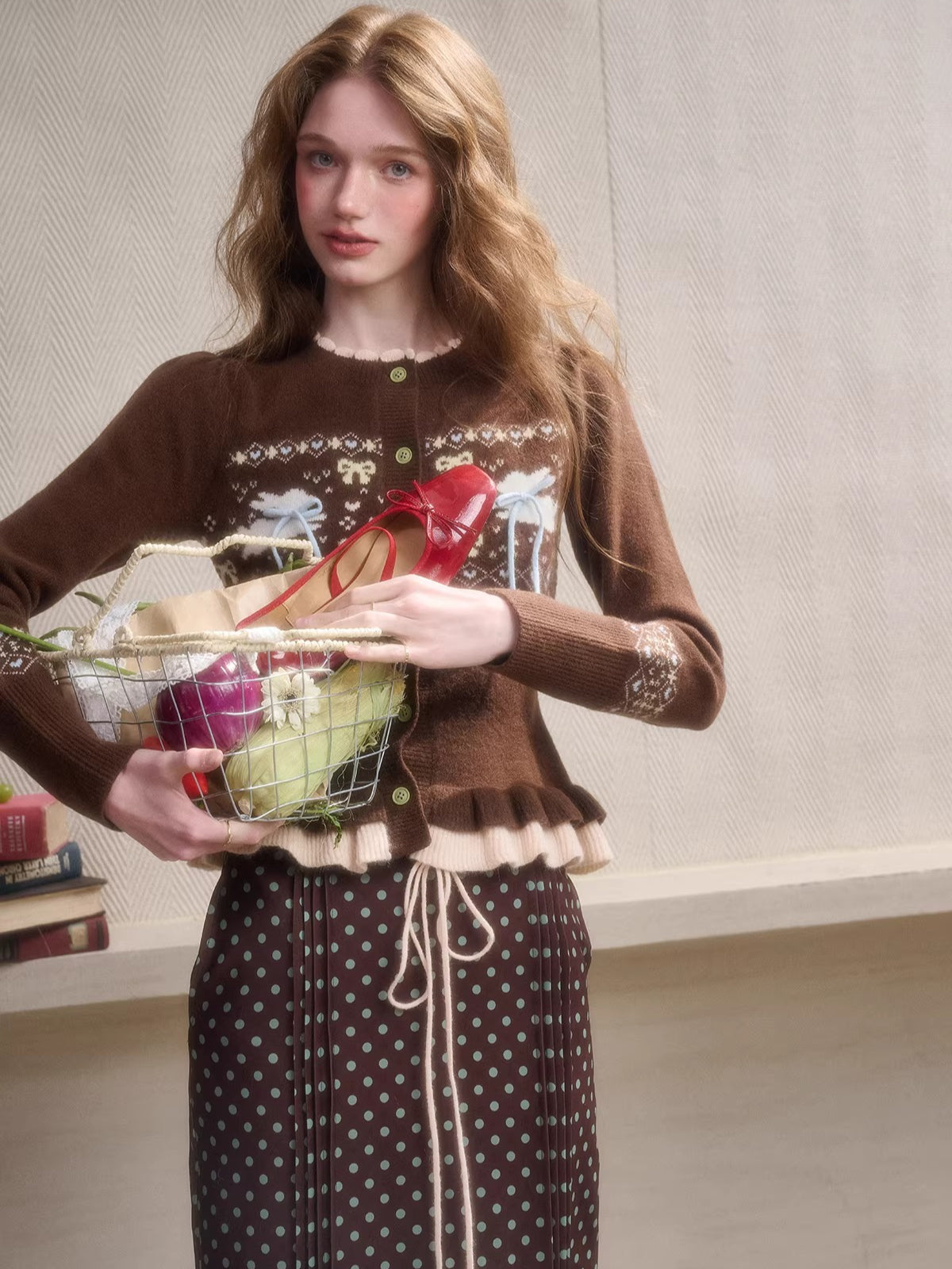 Fair Isle Knit Cardigan & Polka Dot Skirt Set