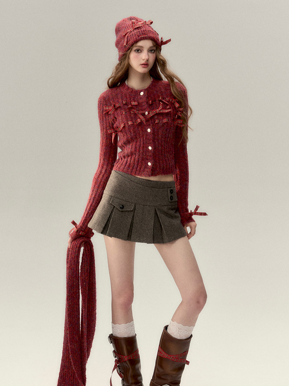 Bowknot Knit Cardigan & Hat & Scarf Set - CHINASQUAD