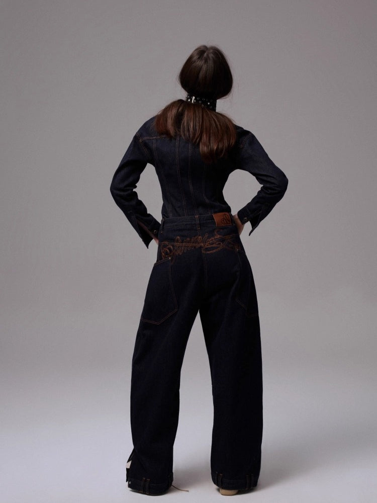 Embroidered Low-waist Loose Wide-leg Pants