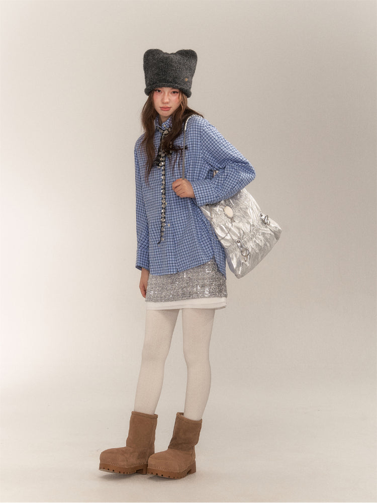 Vintage College Style Blue Plaid Shirt - CHINASQUAD