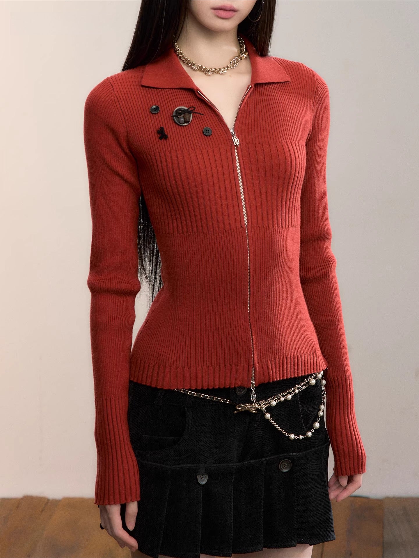 Button-Detail Zip-Up Knit Cardigan