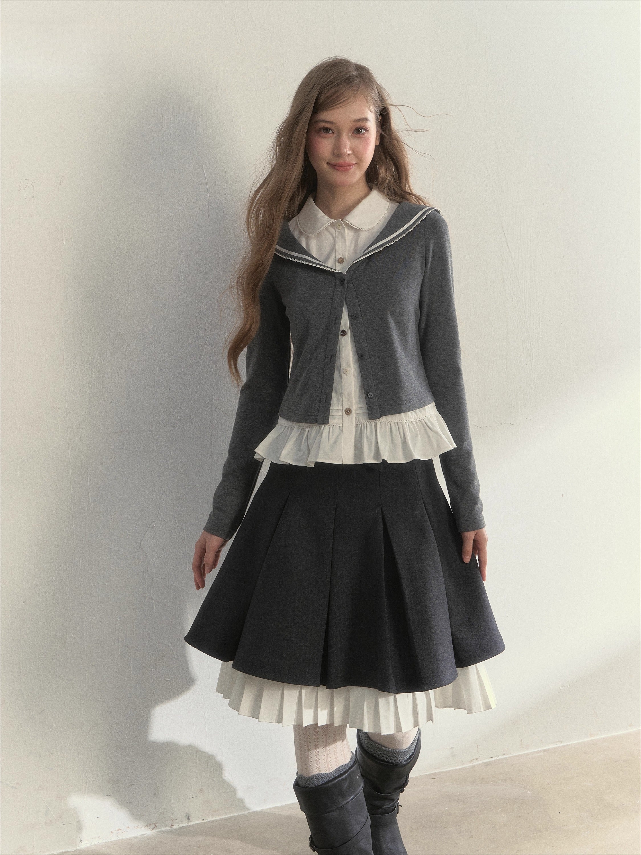 Sailor Collar Academia Style Layered Knit Blouse