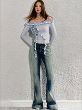 Washed Blue Reflective Foil Micro-flare Denim Trousers - CHINASQUAD