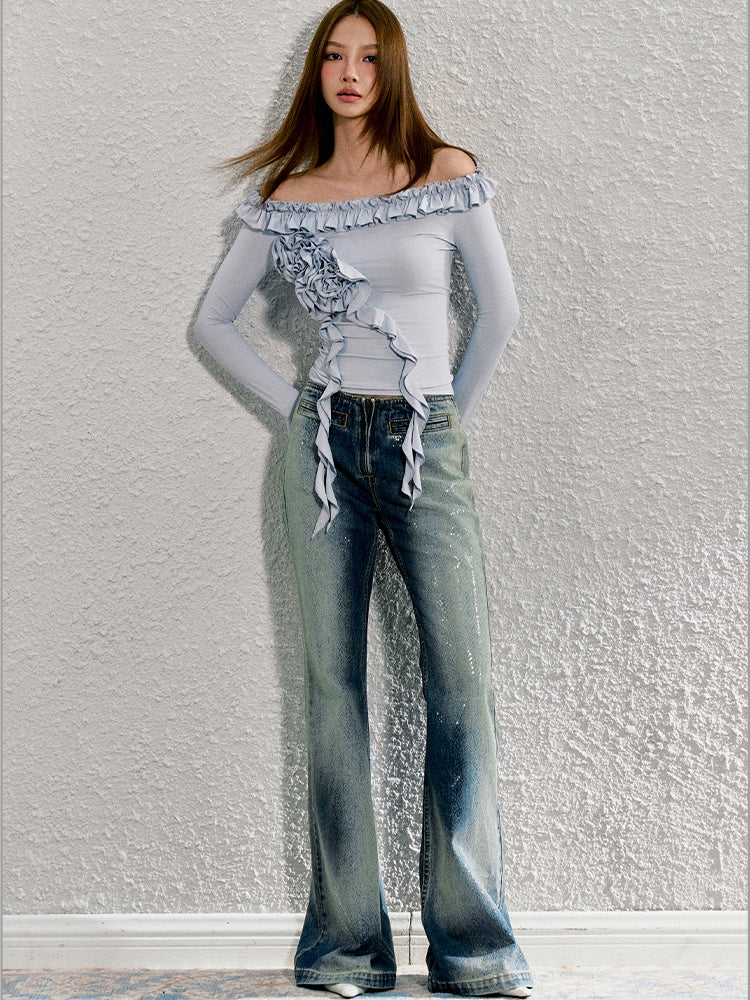 Washed Blue Reflective Foil Micro-flare Denim Trousers - CHINASQUAD