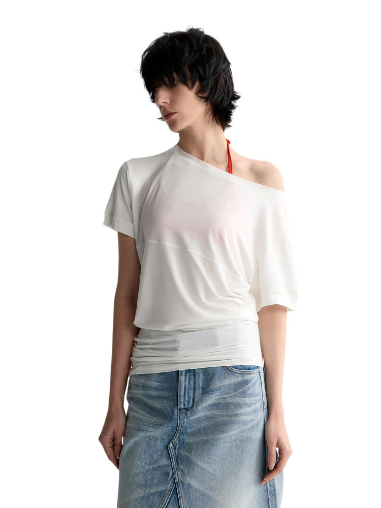 One-Shoulder Pleated Waist T-shirt - CHINASQUAD
