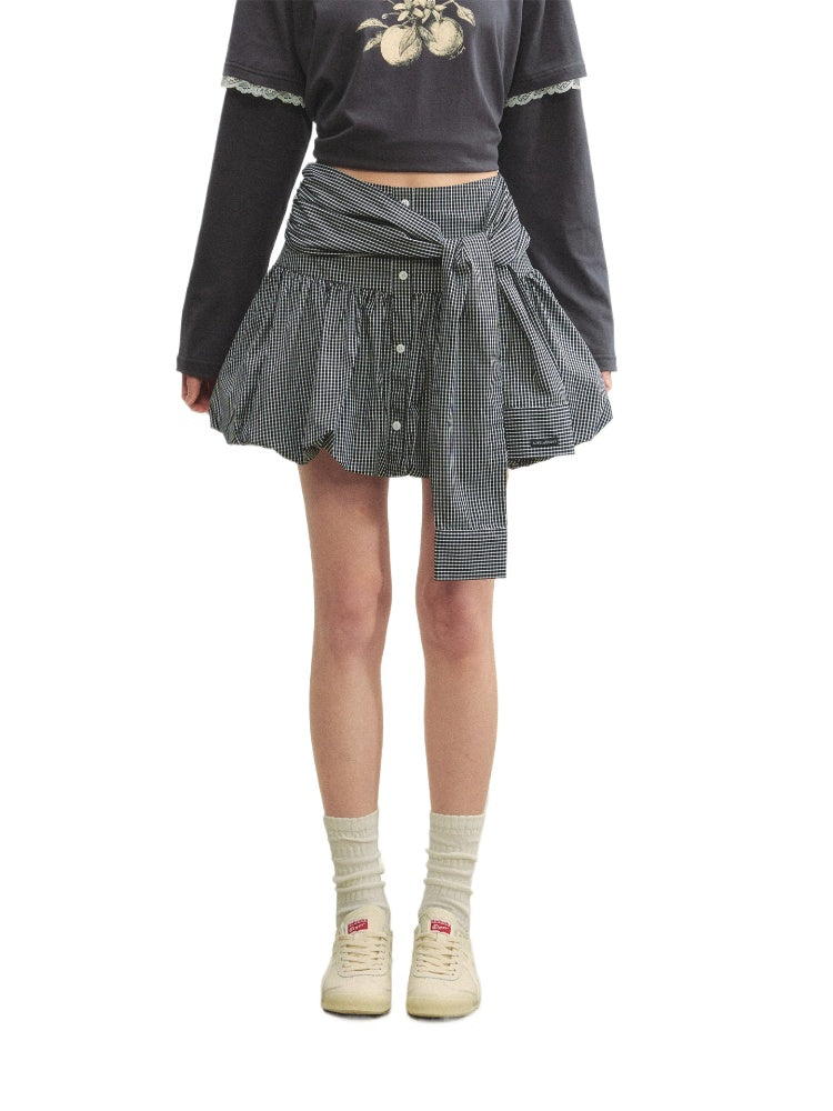 Checkered Tie-Up Embroidered Bud Mini Skirt - CHINASQUAD