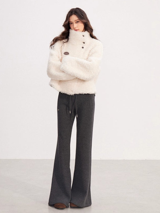 Shearling-Trim Stand-Collar Cropped Jacket