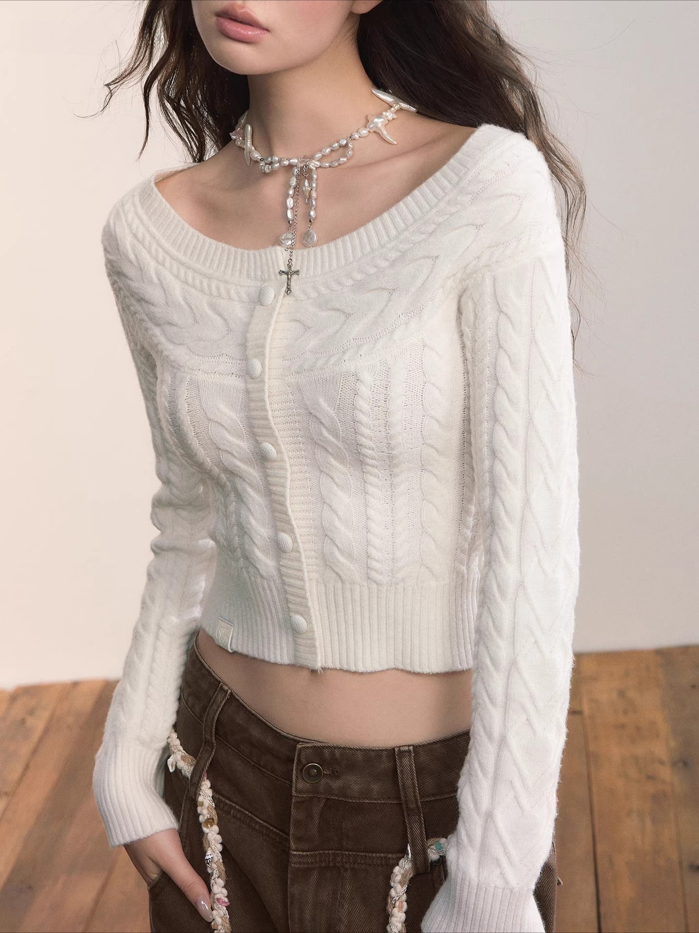 Off-Shoulder Cable Knit Cardigan - CHINASQUAD