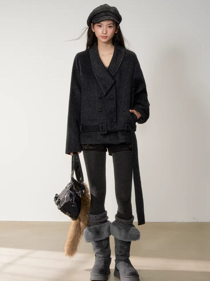 Fur-Collar Double-Breasted Wool Jacket