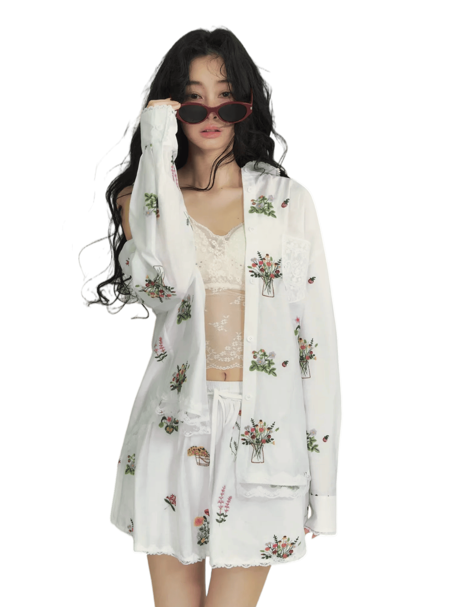 Floral Embroidered Lace Panel Shirt & Mini Skirt Set