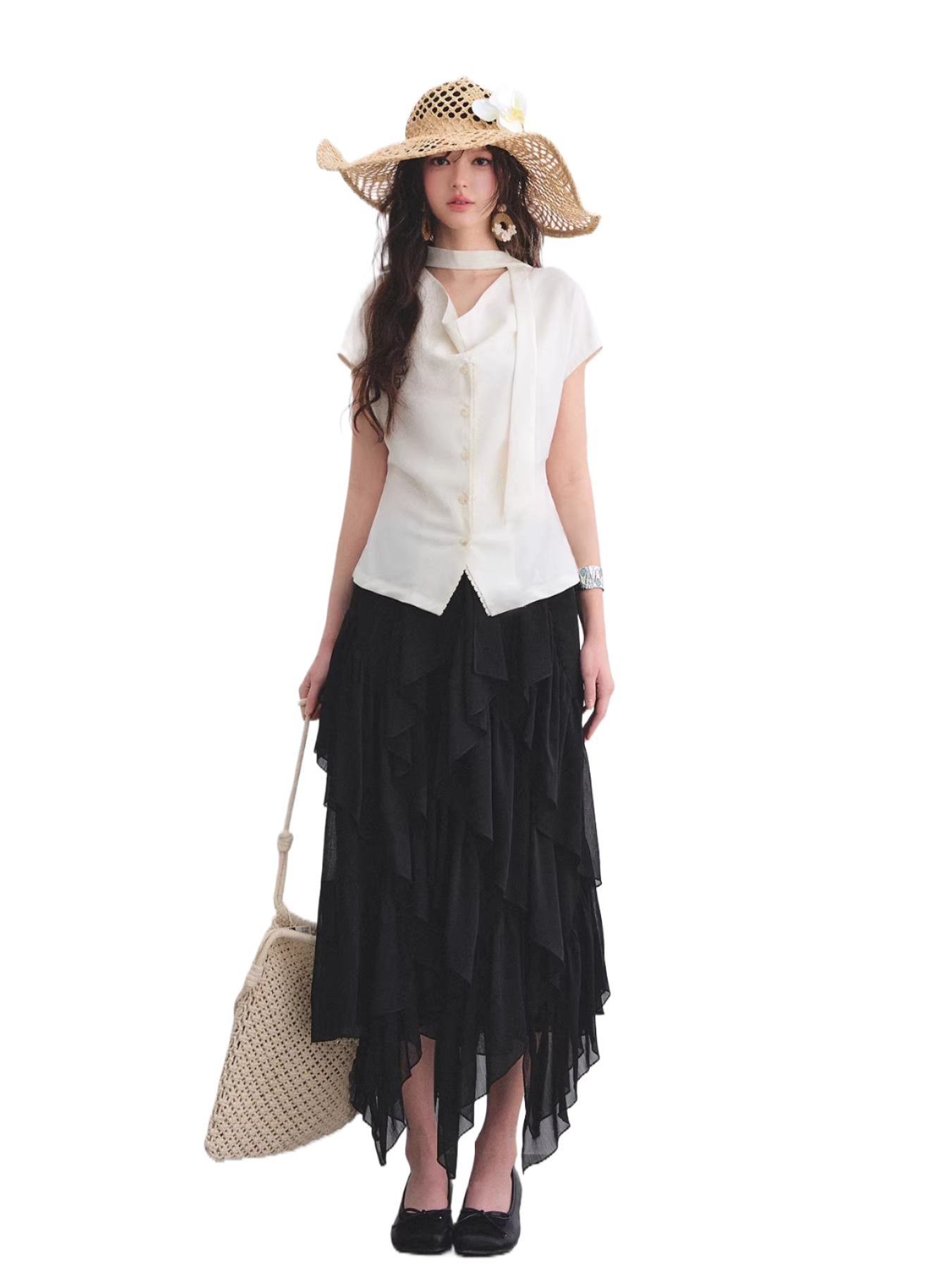 Asymmetric Ruffle Hem Chiffon Midi Skirt