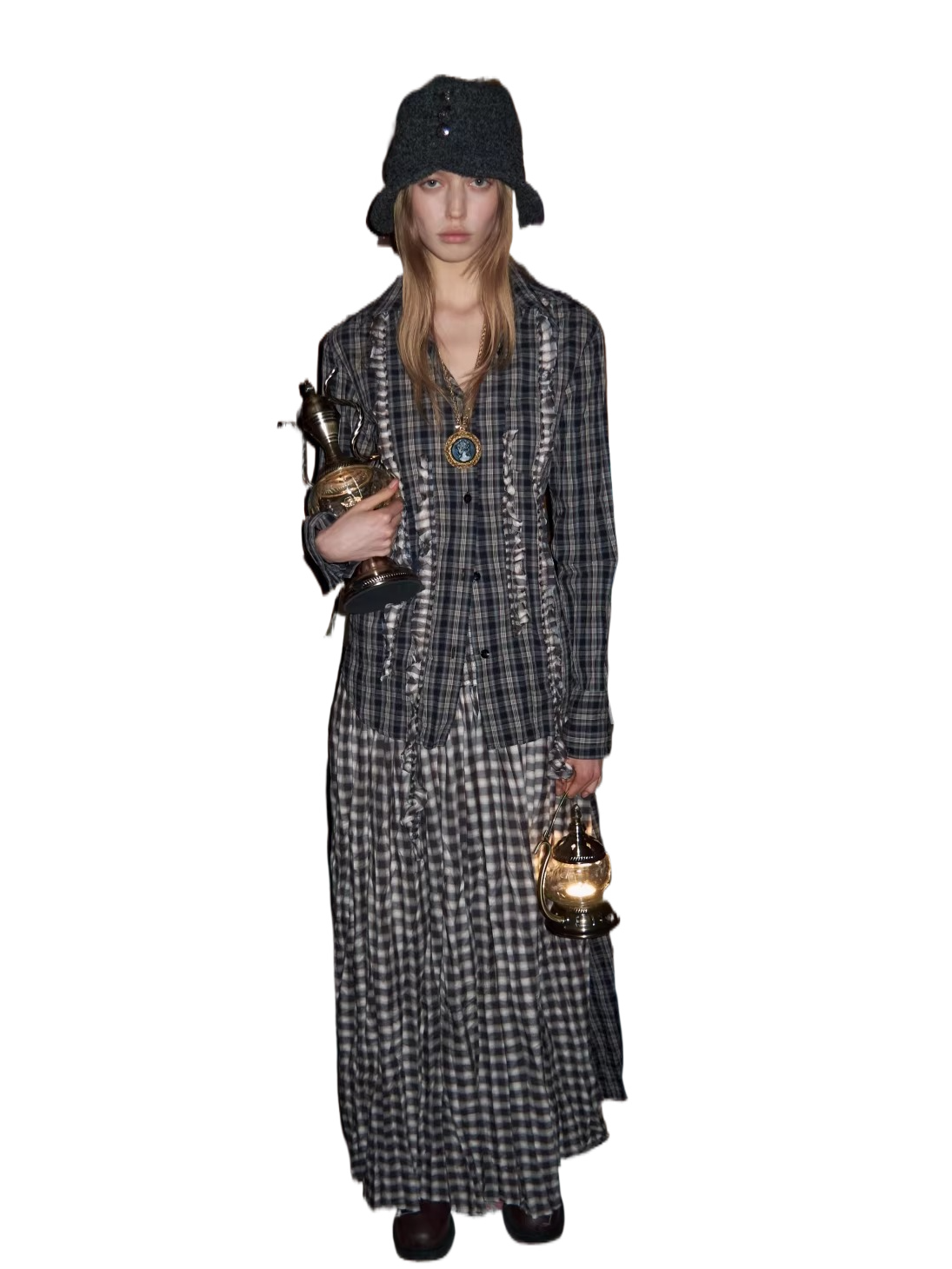 Contrast Plaid Ruffle Shirt & Long Skirt Set