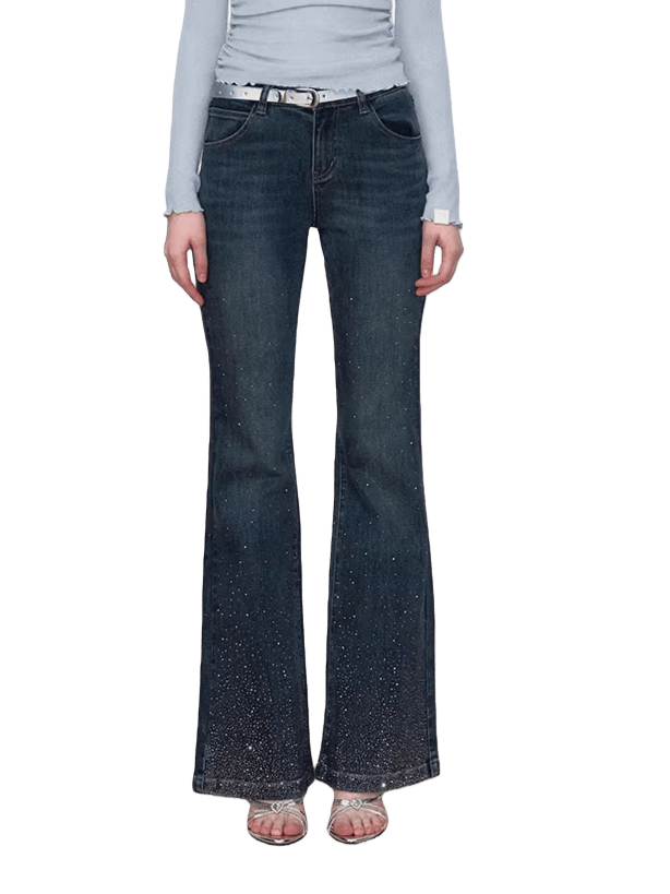 Vintage Rhinestone-Embellished Flared Denim Jeans