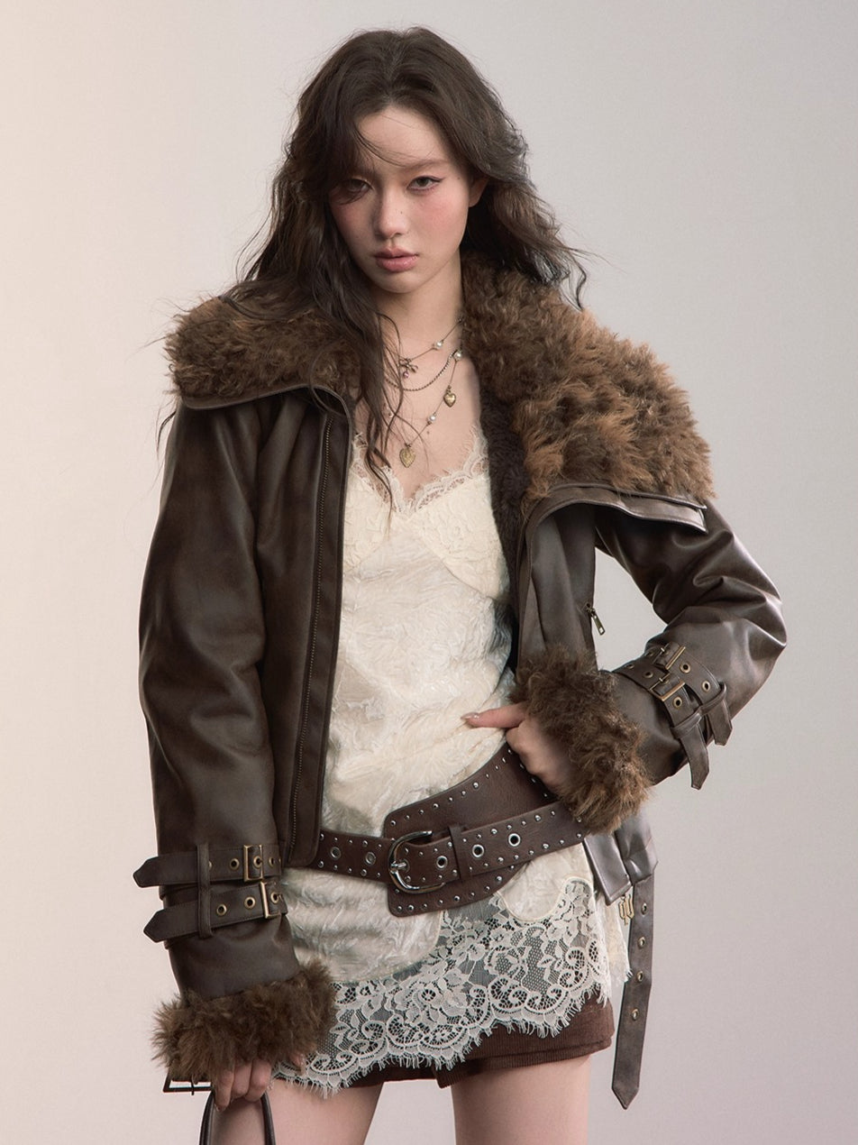 Oversized Fur Collar Short Jacket - CHINASQUAD
