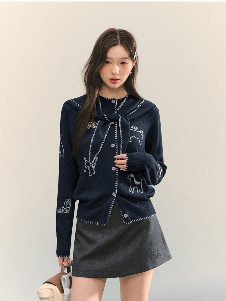 Puppy Embroidered Trim Hooded Knit Sweater - CHINASQUAD